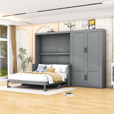 Grand lit escamotable en bois avec tablettes