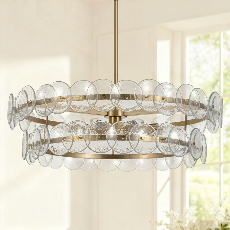 Lustre 8 lumières 33 po avec abat-jour en verre martelé transparent, finition laiton antique Aaron, 8 ampoules, Clair