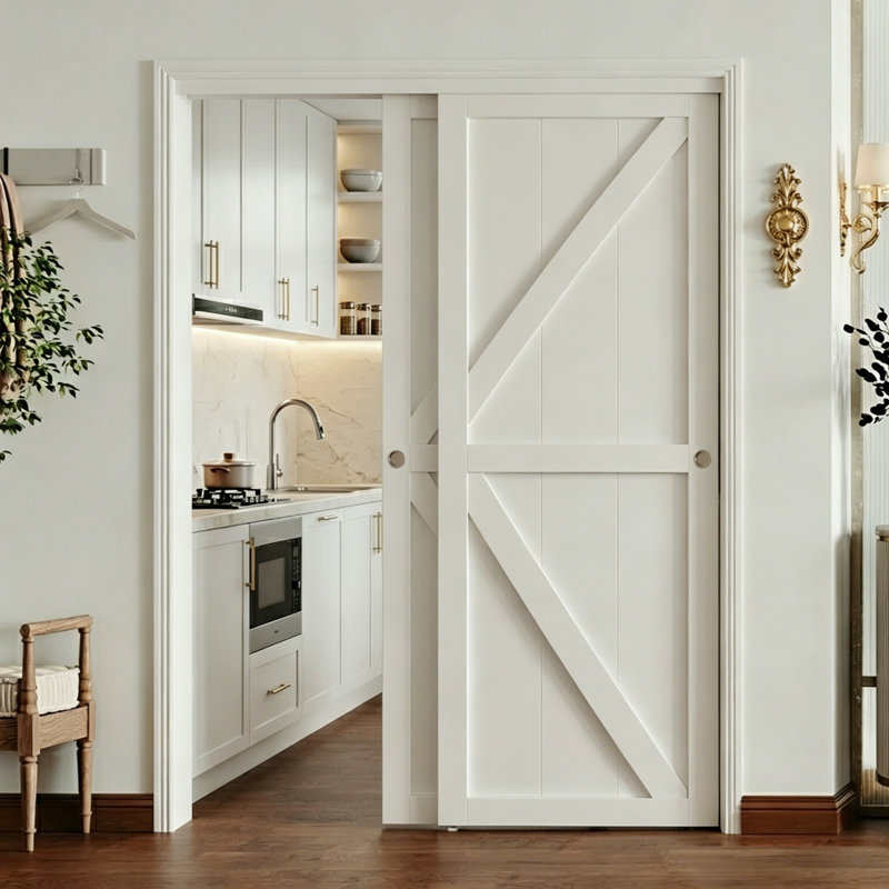 Portes coulissantes pour garde-robe, panneau de fibres à densité moyenne à panneau de fibres à densité moyenne blanc avec ensemble de quincaillerie et poignées pour chambre à coucher, garde-robe et salle de lavage