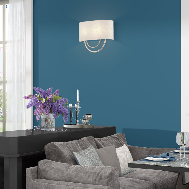 2 Light Soft Gold Large ADA Sconce With Hand Crafted Oatmeal Fabric Shade With White Fabric Inside, Brushed Nickel