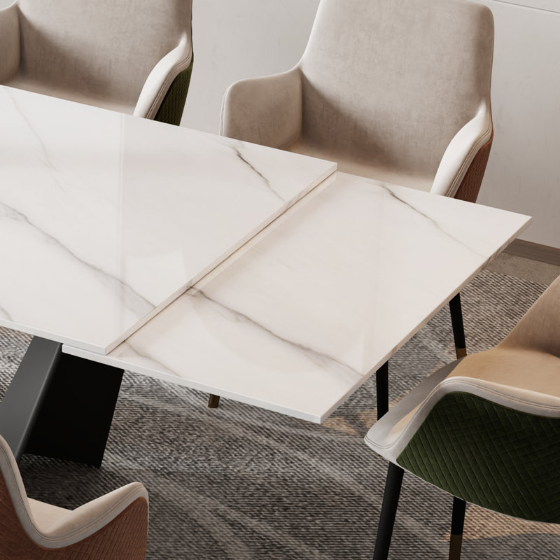 63"-95"Extendable Dining Table For 6-10,White Glossy Sintered Stone Tabletop, Modern Kitchen Table with black Steel Legs