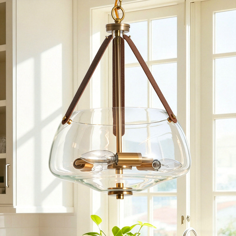 3-Light 12" Brass Finish Glass Pendant Light
