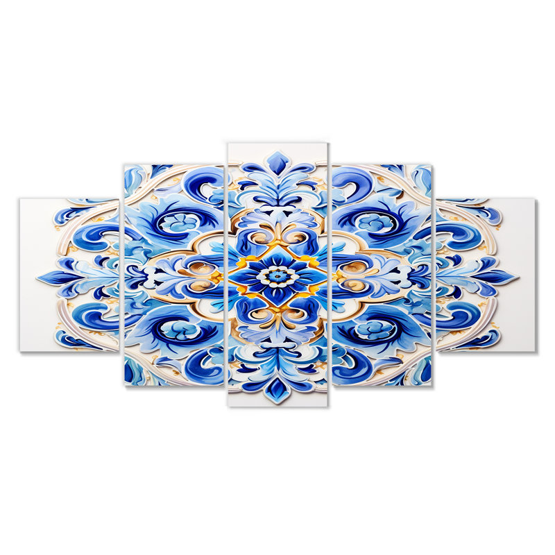 Carreaux de mosaïque floraux bleu azur - tuile abstraite, art mural 5 pièces, H 32 po x l 60 po