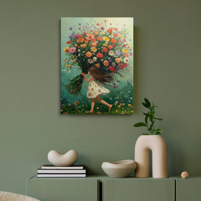 «Floral Girl with Bouquet», art mural sur toile encadré, peinture fantaisiste, rétro, fleur, décoration murale, affiche, impression, fleurs sauvages colorées pour chambre de filles, bureau à domicile, décoration, 16 x 24 po