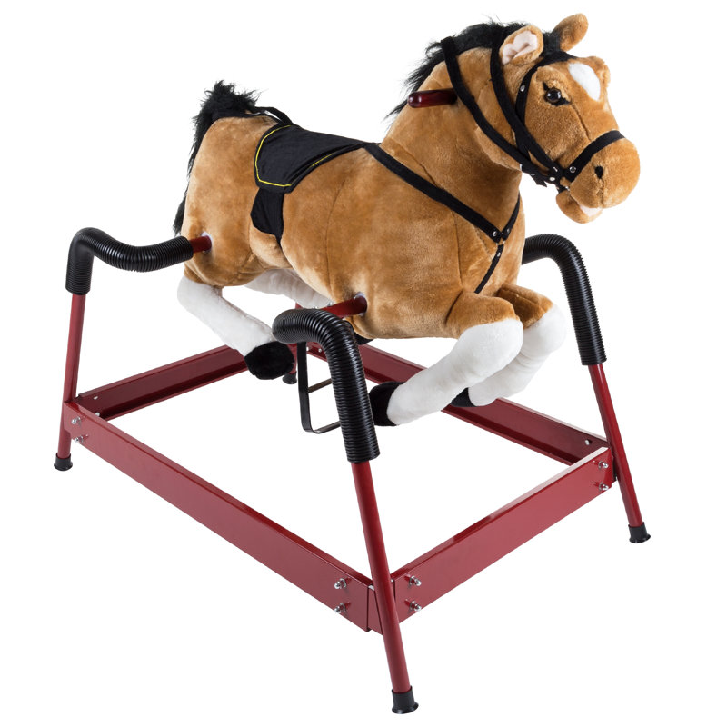 Cheval à bascule Spring - jouet gonflable en peluche avec sons amusants, poignées en bois et étriers réglables pour enfants de 3 à 6 ans par Happy Trails (brun)