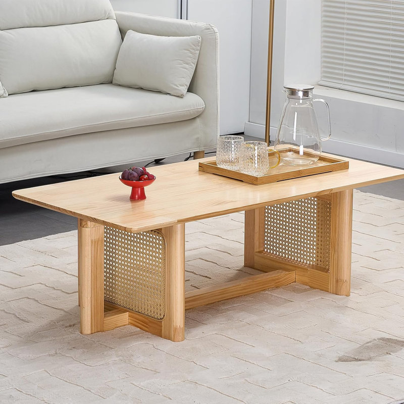 Natural Solid Wood Rectangular Coffee Table with Rattan Stand