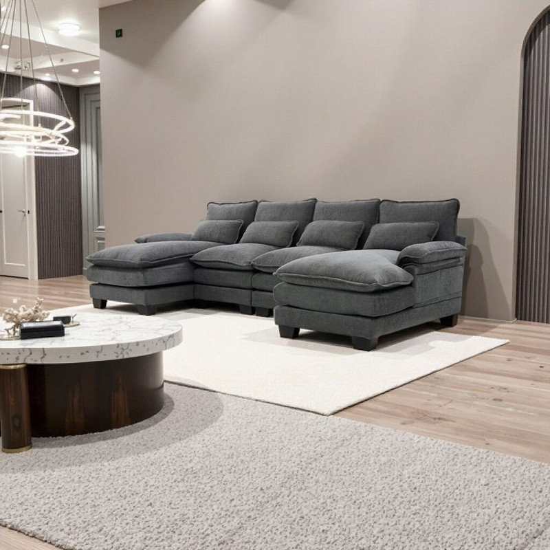Canapé modulaire en U avec méridienne double en U et canapé en chenille, Gris chenille