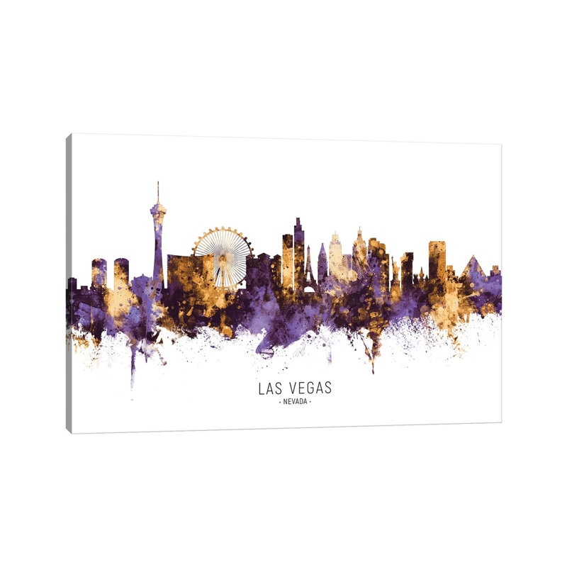 Las Vegas Nevada Skyline by Michael Tompsett - Wrapped Canvas Painting, 20.32 cm H x 30.48 cm W, Green/Orange/Blue