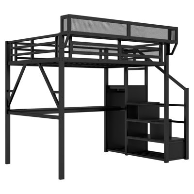 Grand lit mezzanine en métal avec bureau, escalier, station de charge et éclairage pour enfants et adolescents, noir