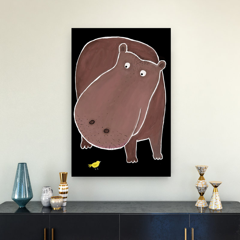 Curious Hippo And Bird Contemporary Bird Nature Wildlife Wall Art Print by Carla Daly - Wrapped Canvas Print