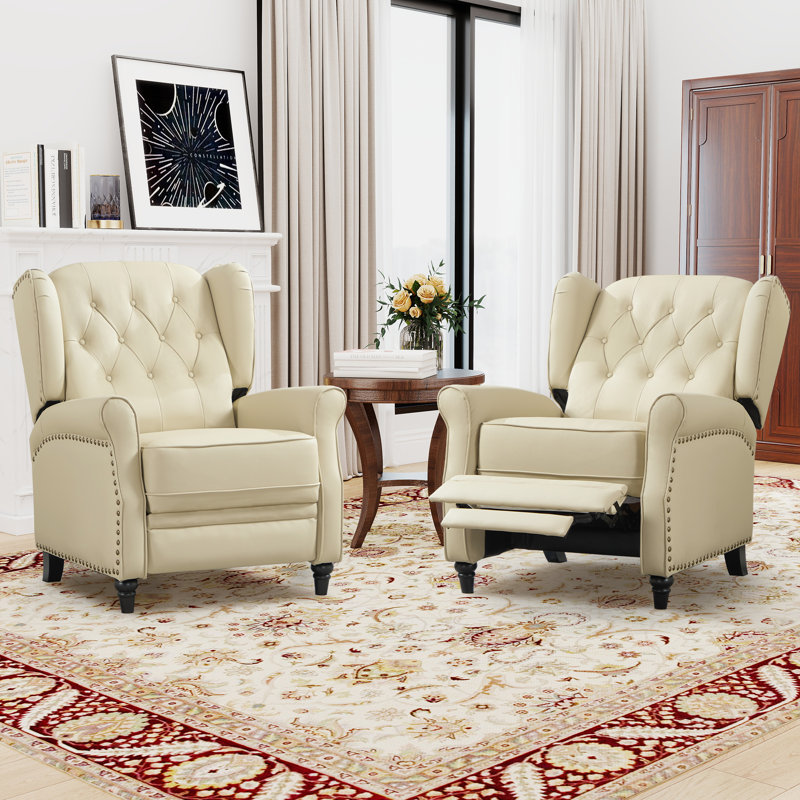 31.1" Wide Classic Top Grain Leather Push Back Recliner With Wingback Design（Set Of 2）, Cream Beige