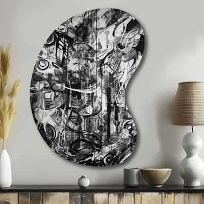 «Black and White Graffiti Cosmic II» - forme irrégulière, art mural géométrique abstrait, sculpture murale asymétrique en métal