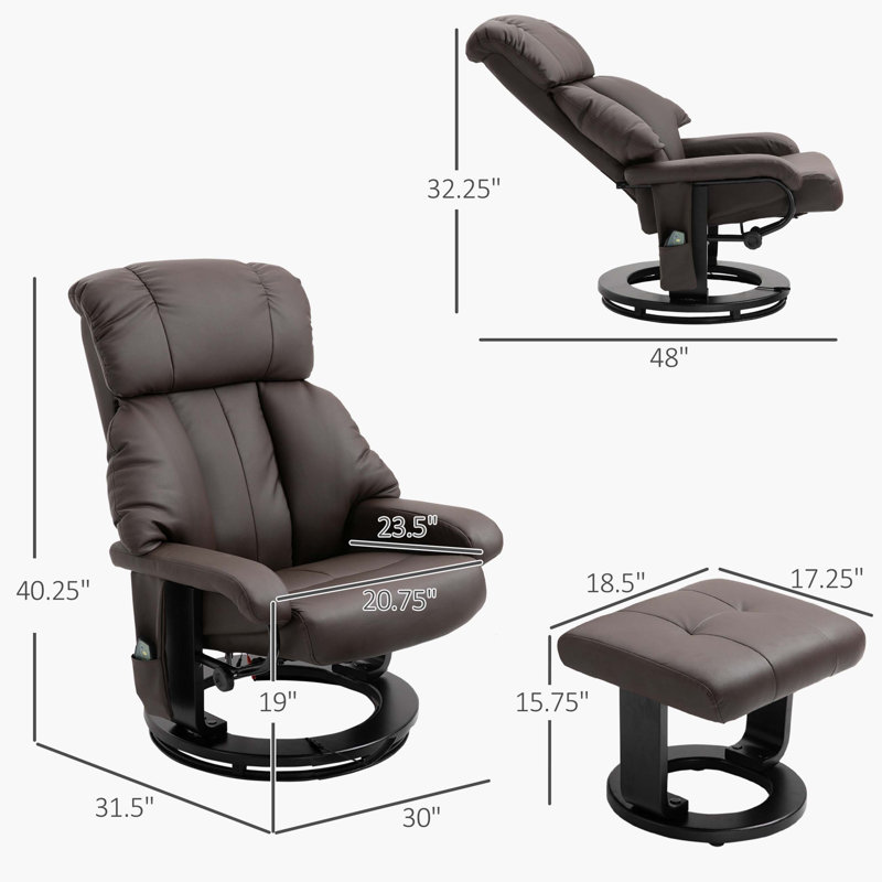Comfortable 360° Swivel Recliner Chair with Footstool for Relaxation  30" W x 31.5" D x 40.25" H. Reclining Size: 44" L x 31" W x 36.25" H. Assembly required.
