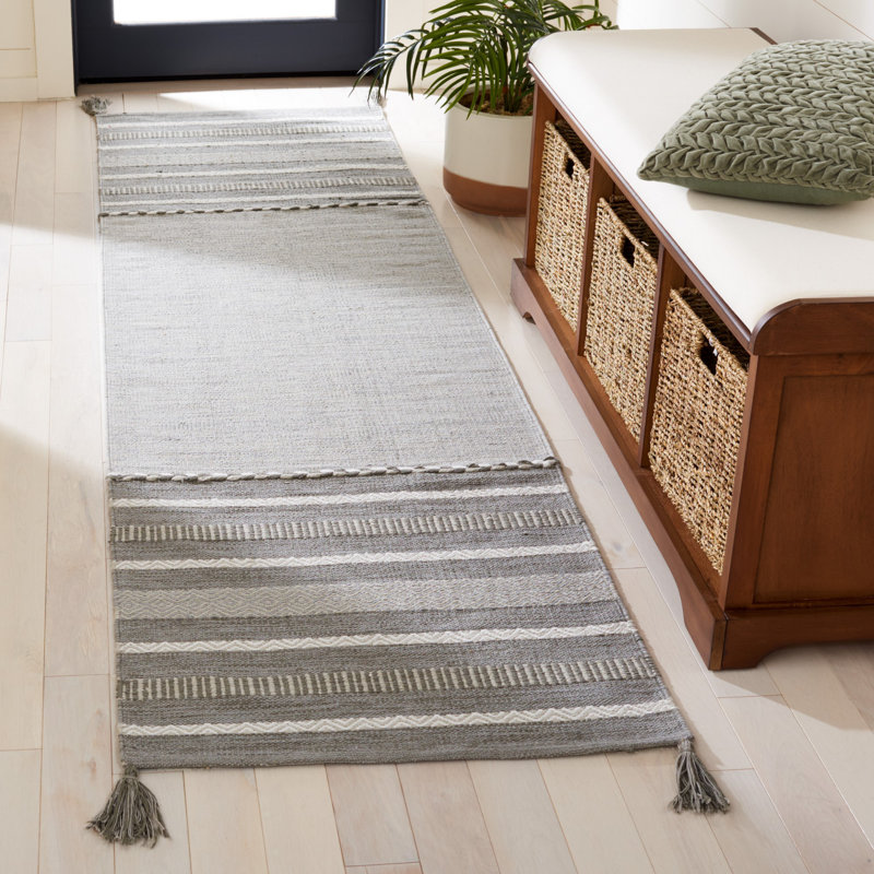 Tapis gris / ivoire en coton tissé à plat à la main Cumberland, Tapis de couloir 2 pi 6 po x 6 pi