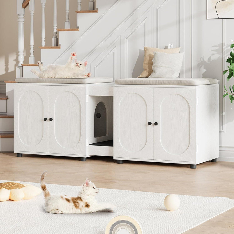 Enceinte pour lit double 55,1 "avec rangement pour chat, litière cachée pour 2 chats, litière incluse, Blanc