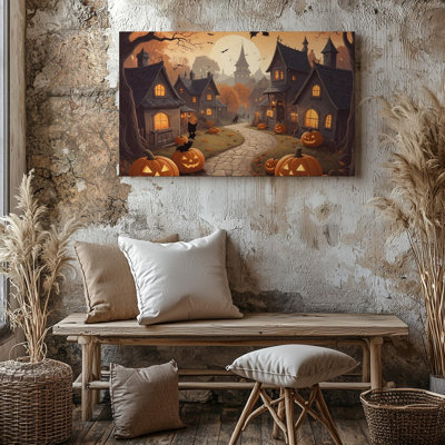 Whimsical Halloween Village Cozy Gothic Haunted Town Art Canvas Wall Art Ready To Hang Gallery Wrapped Home Decor Modern Design Decor
