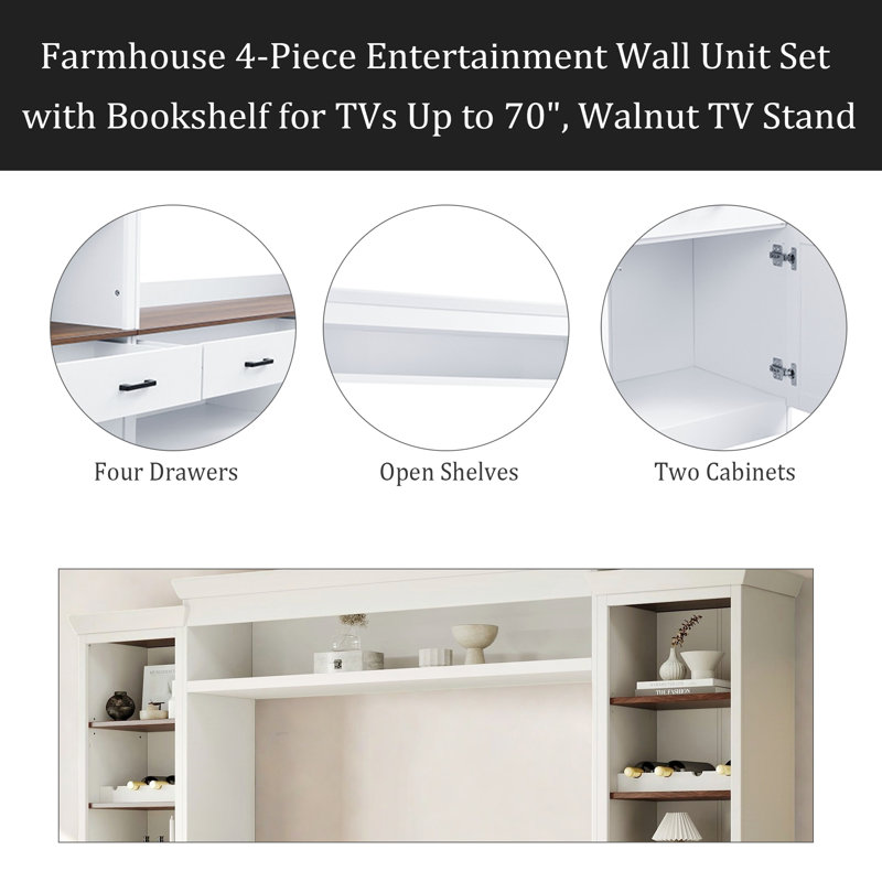 Farmhouse 4-Piece Entertainment Wall Unit Set with Bookshelf for TVs Up to 70", Walnut TV Stand with Adjustable Shelves, Mid-Century Large Media Console with Wine Rack for Living Room