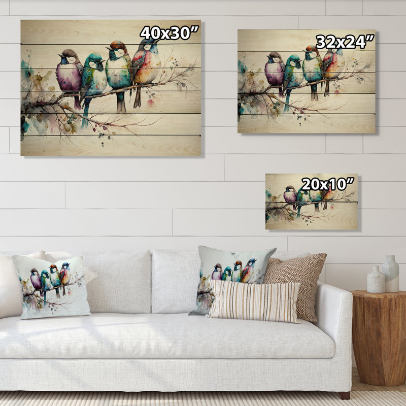 Multicolore oiseaux sur arbre à fleurs de prunier - Art mural en bois animaux - Bois de pin naturel