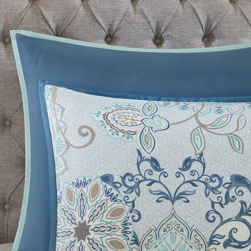 Édredon 8 pièces en coton bleu très grand - réversible avec motif floral, rembourrage, comprend des taies décoratives, une jupe de lit et des médaillons décoratifs à coussins décoratifs, des coussins brodés, lavable à la machine