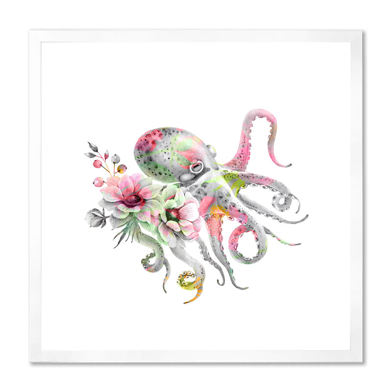 Pieuvre avec un bouquet de fleurs délicates - impression sur toile nautique et côtière, H 16 po x l 16 po x P 1 po