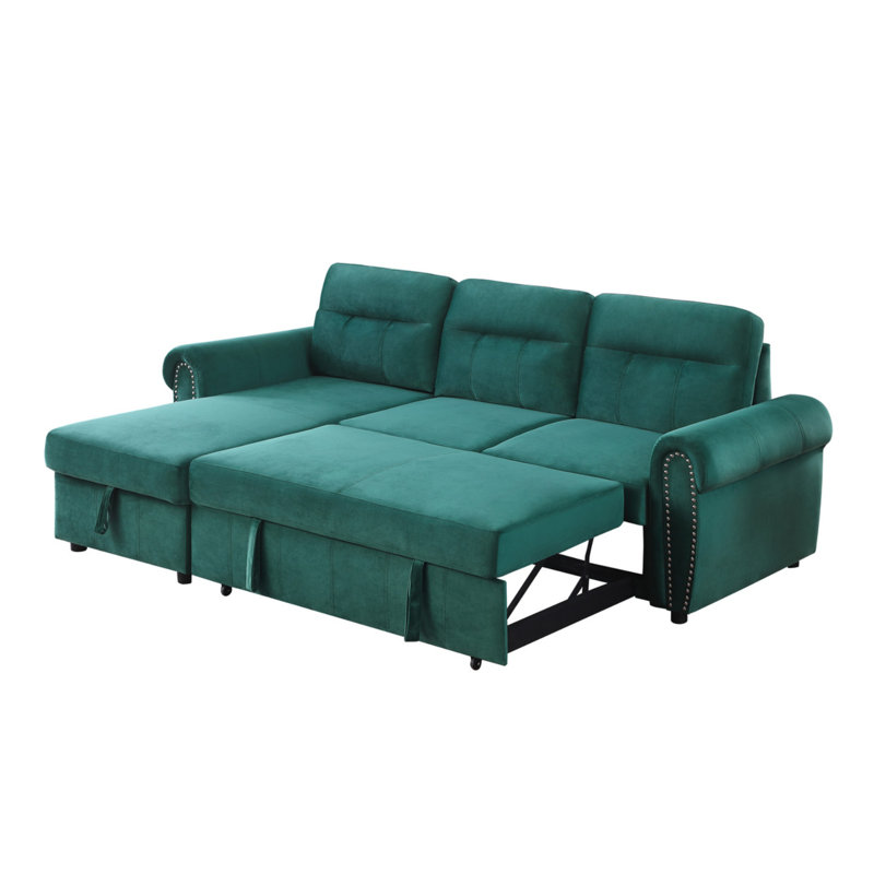 Ashton 96.5"W Green Velvet Fabric Reversible Sleeper Sectional Sofa Chaise, Green Velvet