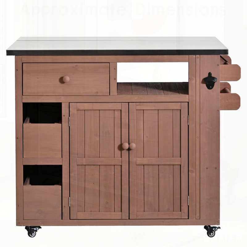 Îlot de cuisine d'extérieur en bois massif avec plateau en acier inoxydable, table de barbecue et support à épices pour barbecue et fêtes