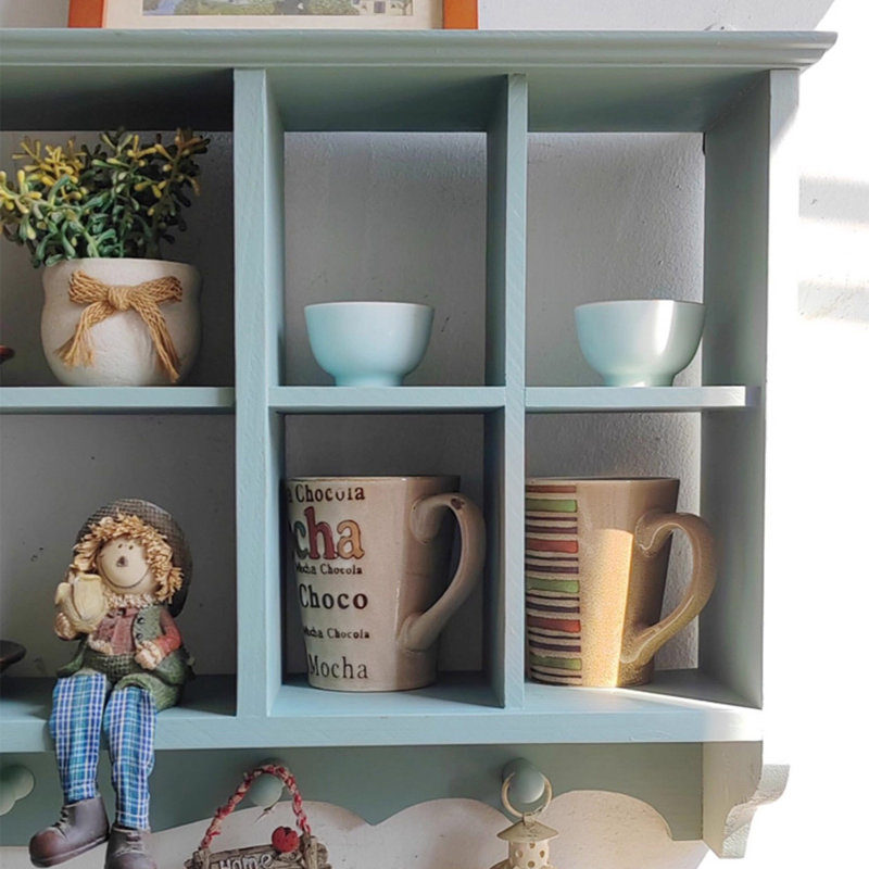 Étagère murale en bois massif bleu antique avec porte vitrée