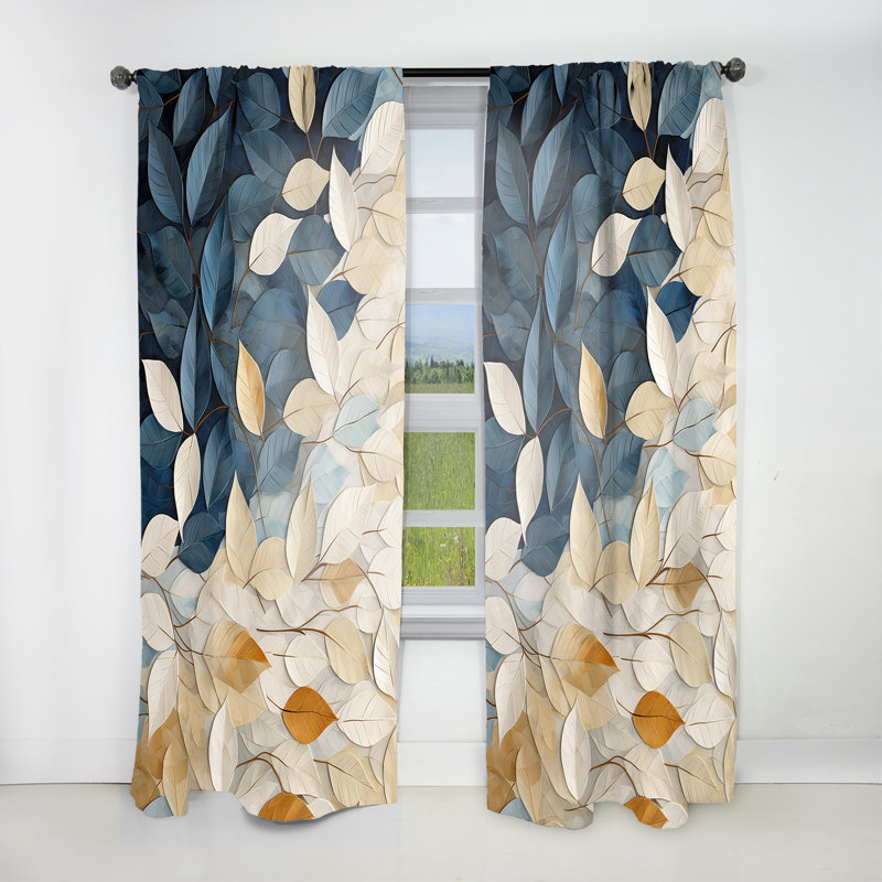 Beige And Blue Minimalism Leaves Collage - Traditional Velvet Curtain - Room Darkening - 1 panel, 52" W x 84" L