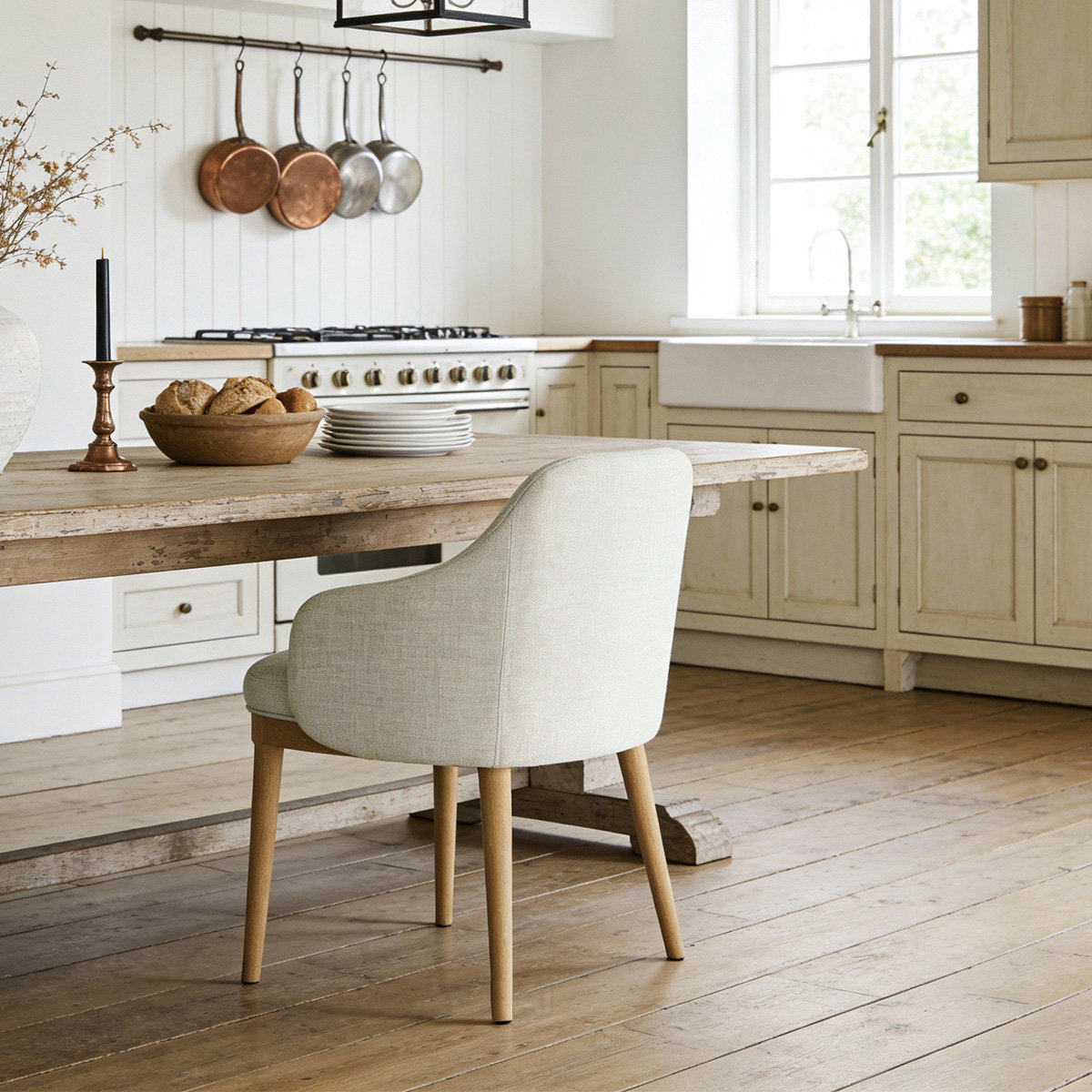 Linen Armchair, Natural Wood