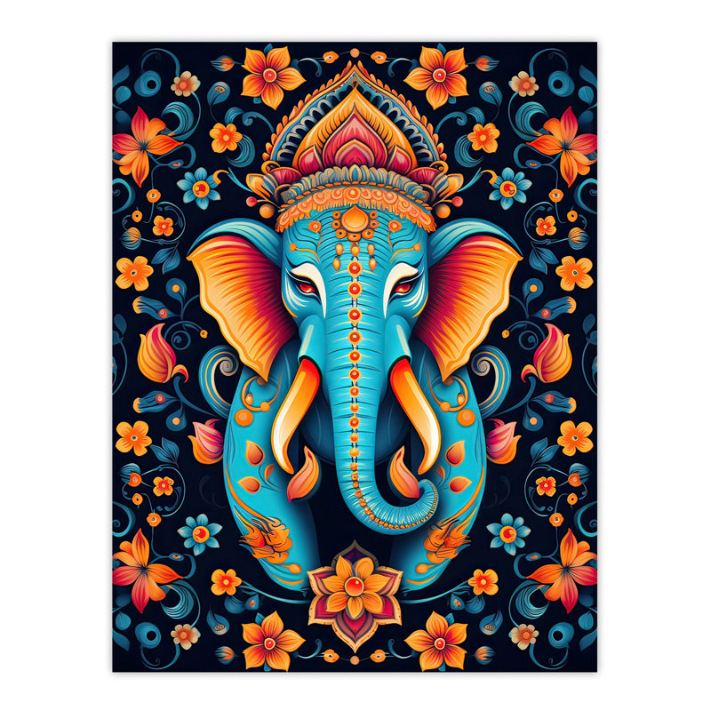 Wall Art Print Decorated Indian Elephant with Flower Pattern Vibrant Hindu Floral Design Poster