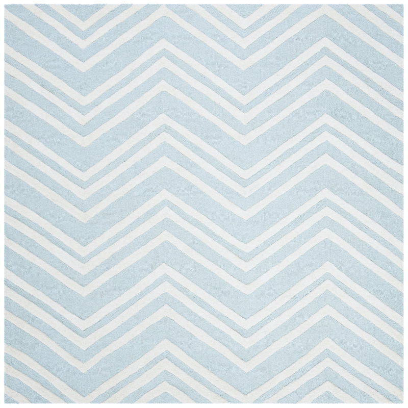 Krystyna Chevron Handmade Tufted Wool Mint/Ivory Area Rug, Square 5'