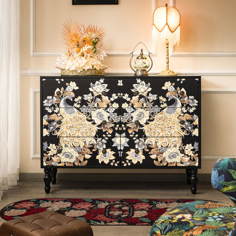 Commode vintage en bois peint paon