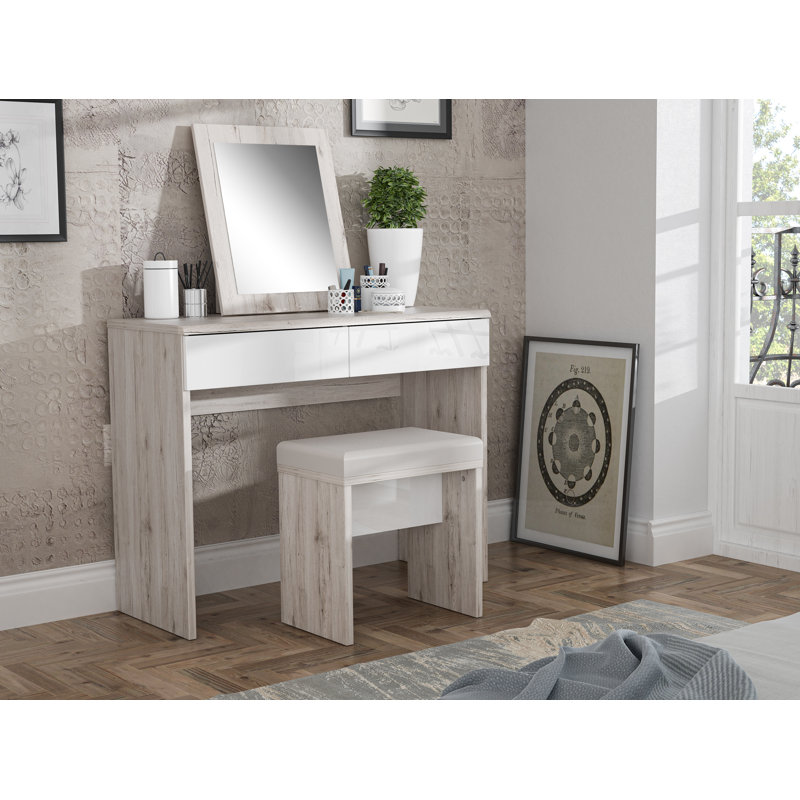 Violette Dressing Table with Mirror, Sand Oak/White Gloss