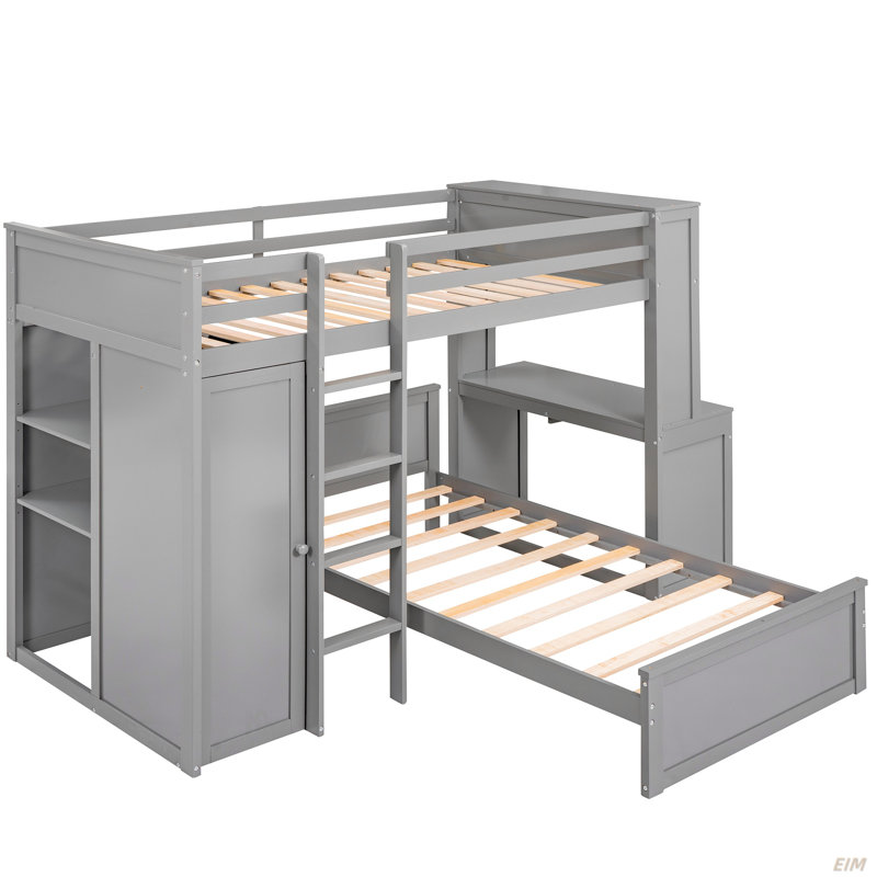 Lit mezzanine simple avec lit autonome, tablettes, bureau et garde-robe (lit)