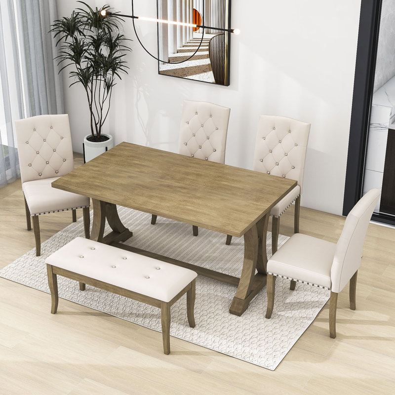 Tunnelhill 6-Piece Dining Set, Spacious Table with 4 Cushioned Chairs and Comfortable Bench, Natural Wood Wash