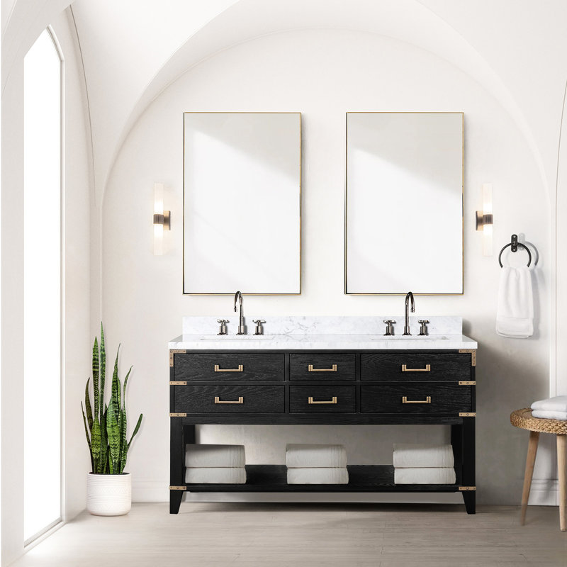 60 po L x P 22 po Meuble-lavabo double en chêne noir avec plateau en marbre et miroirs - poli, scellé pour la longévité, fermeture en douceur, rangement abondant de 60 po x 22 po avec 4 tiroirs de 28 po et tablette ouverte