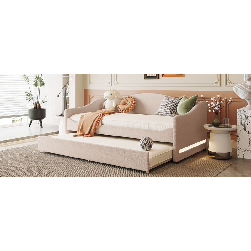 Teddy Fleece Upholstered Daybed With Light And Trundle, Beige
