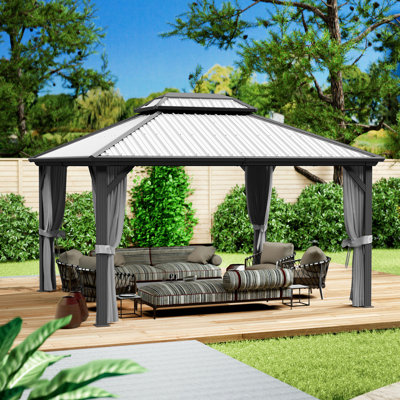 Kozyard Caesar Grey Double Roof Hardtop Gazebo with Privacy Curtain and Mosquito Netting
