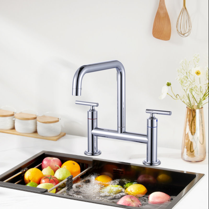 Double Handle 8 Inch Bridge Kitchen Faucet, High Arc Solid Brass 2-Hole Ktichen Faucet, Chrome
