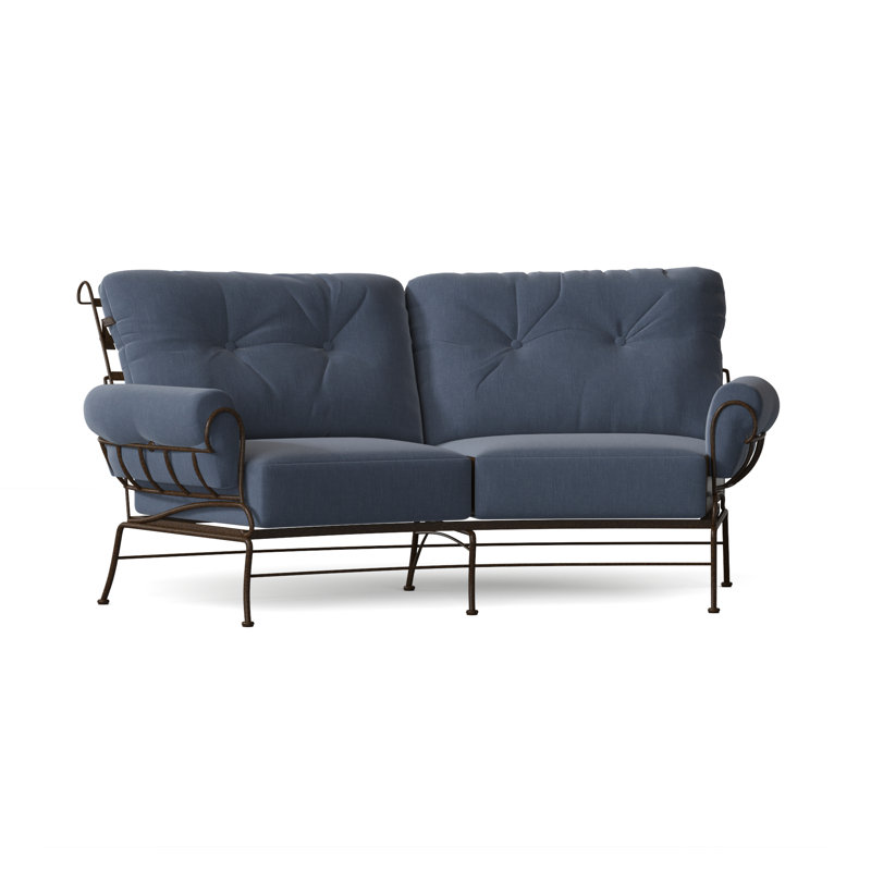 Terrace 82.5'' Wide Iron Loveseat with Cushions, Weathered White, Spectrum Denim Sunbrella® Plainweave