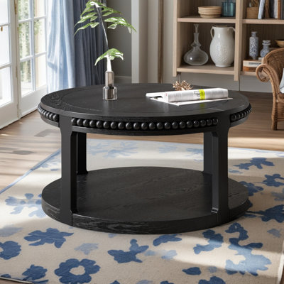 Table basse ronde de 31,5 po, table centrale circulaire à 2 niveaux avec tablette de rangement, table basse en bois rustique de style campagnard pour le salon ou la chambre à coucher