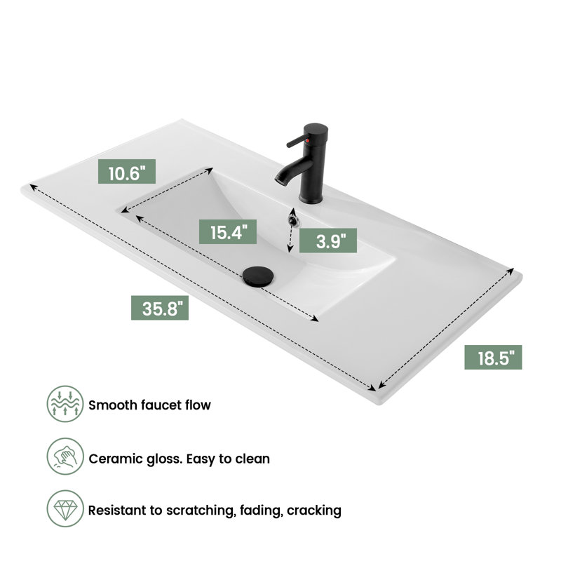 Lavabo de salle de bain rectangulaire encastré en céramique blanche avec robinet 36 po x 18,5 po DodreHome