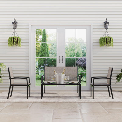 Ensemble bistro de patio 4 pièces - Mobilier d'extérieur moderne en métal avec causeuse, 2 chaises simples et une table basse - Sièges en textilene respirants - Idéal pour le porche, la cour, le balcon et le beige