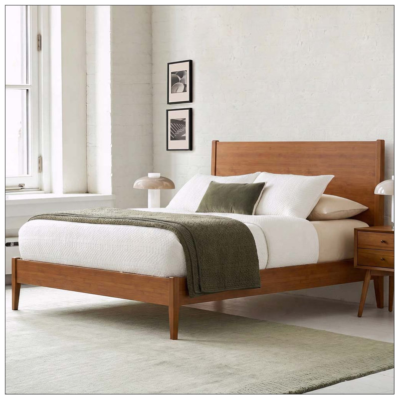 Base de lit plateforme moderne en bois de bambou massif avec lattes de bois et support en métal, King, Walnut