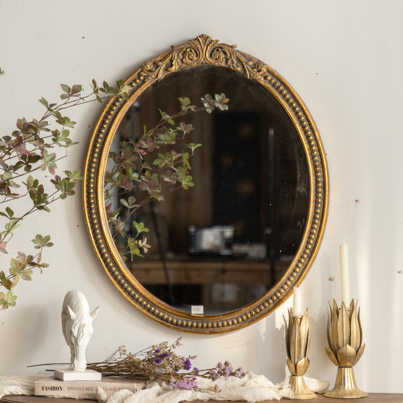 31"H Oval Wall-Mounted Distressed Decorative Mirror with Classical Border
