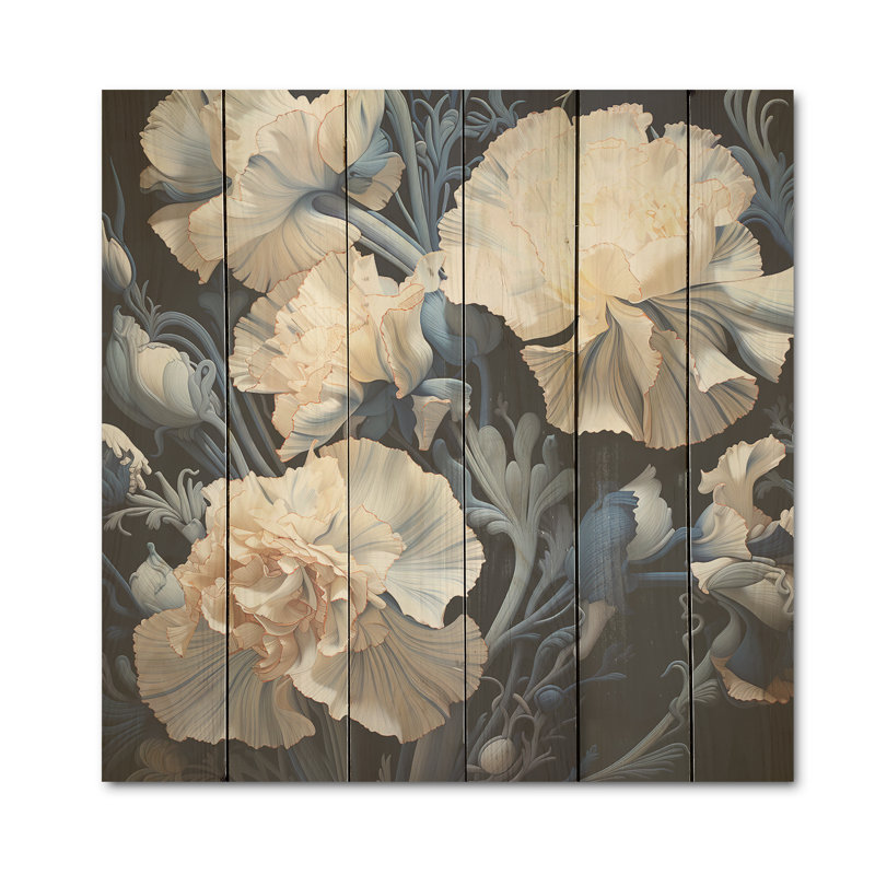 Arrangement d'œillets blanc et bleu I - œillets, art mural sur bois de pin naturel, H 30 po x l 30 po