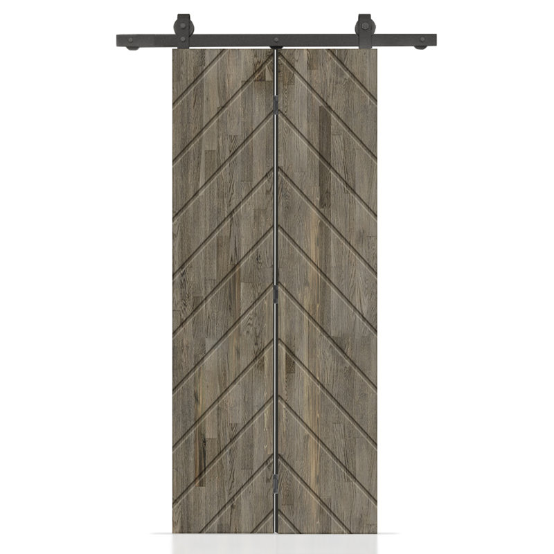 Stained Pine Wood Bi-Fold Barn Door with Sliding Hardware Kit, Weather Grey, 38" x 80"