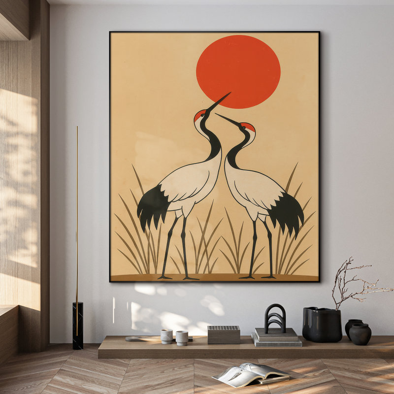 Très grande reproduction d'art sur tissu - Deux grues à couronne rouge sous le soleil rouge, décoration pour le salon ou la chambre à coucher - «Assemblage requis du cadre (cadre non fini)»