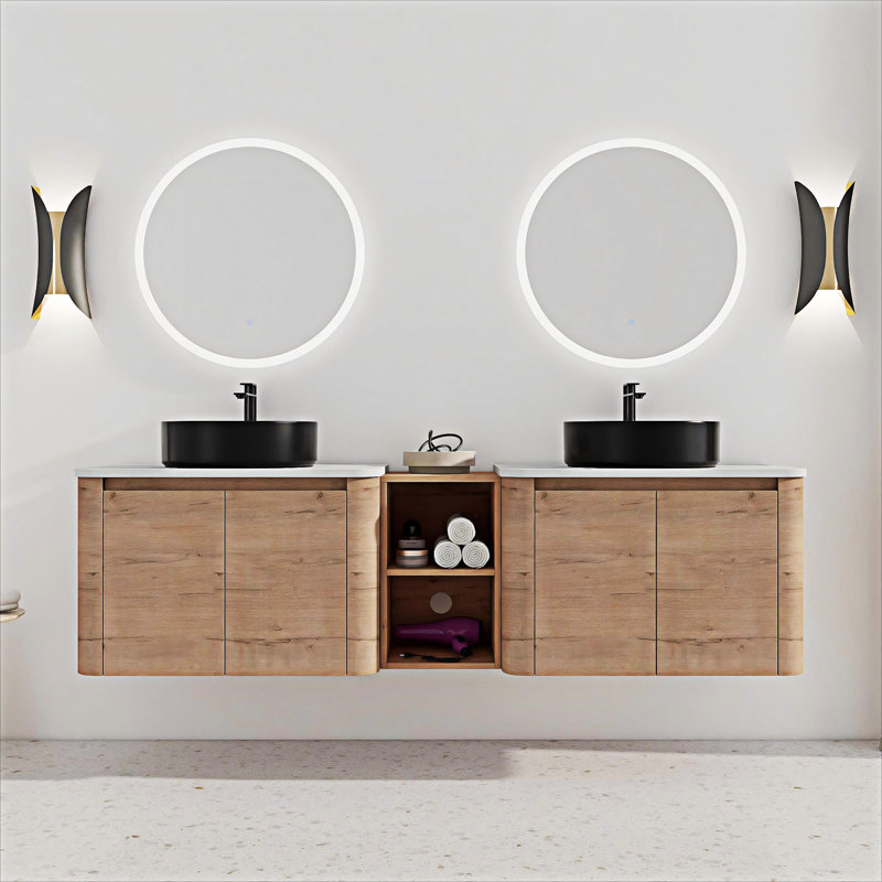 Meuble-lavabo mural avec lavabo d'art en céramique, 71", Noir