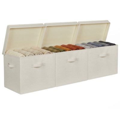 3 Pack Fabric Storage Bins with Lids, Stackable Closet Organizer Boxes with Handles, Beige for Clothes, Toys & Shelves